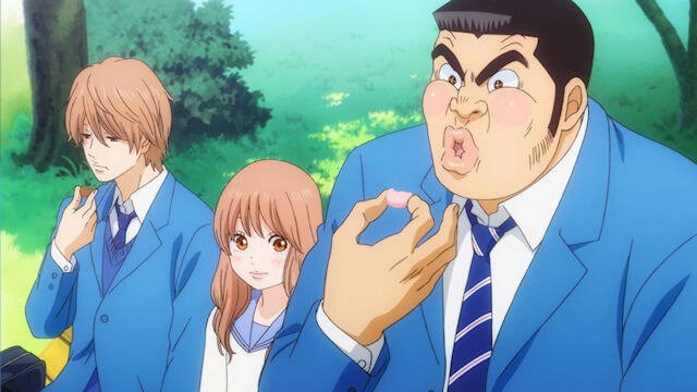 Makoto, Rinko, and Takeo enjoy some delicious macarons in a scene from the MY love STORY!! TV anime.