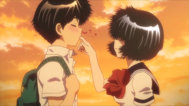 Akira gets overly stimulated while sampling his girlfriend's saliva in a scene from the Mysterious Girlfriend X TV anime.