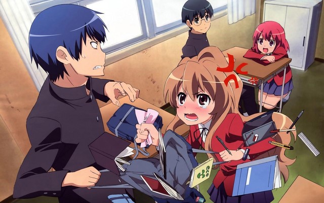 Ryuji and Taiga wrestle over a backpack in a promotional image for the Toradora! TV anime.