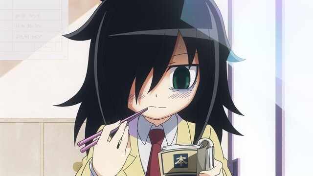 Tomoko eats her lunch in solitude in a scene from the WATAMOTE ~No Matter How I Look at It, It's You Guys Fault I'm Not Popular!~ TV anime.