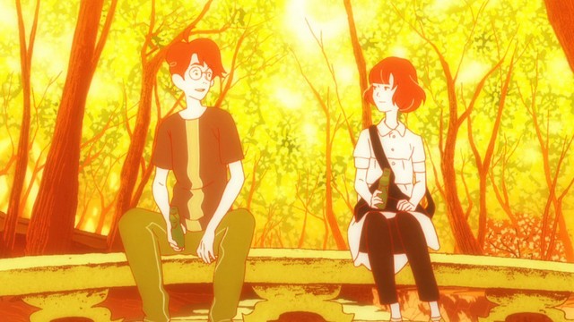 Watashi and Akashi share a moment over bottles of ramune in a scene from The Tatami Galaxy TV anime.