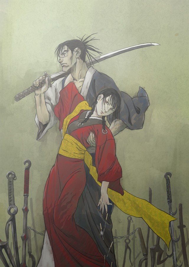 Una nueva imagen clave para el anime de TV Blade of the Immortal 2019, con los personajes principales, Manji y Asano Rin, posando en medio de un campo de armas desechadas.